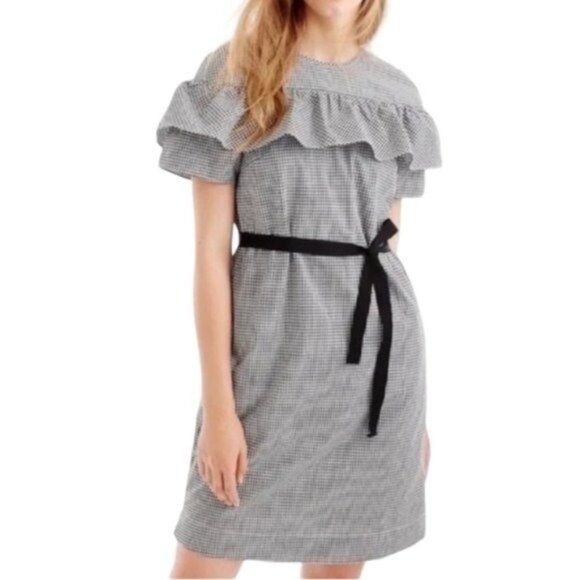 J.Crew Black White Plaid Checker Micro Gingham Edie Cotton Ruffle Sleeve 8 - Picture 1 of 9